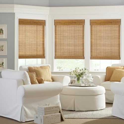 Cordless Natural Woven Wooden Curtains, Cordless Blackout Bamboo Roman Blinds, Natural Woven Wooden Curtains, Lined Bamboo Window Blinds with Excellent Privacy 36 1/2" W x 60" H WoodArtSupply