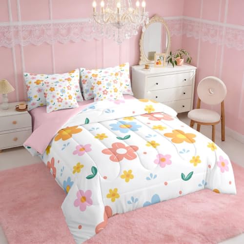 Erosebridal 7 Piece Cute Flower Comforter Sets with Sheets, Pink Floral Bedding Set Twin for Boys Sweet Girls Botanical Bed in A Bag Colorful Flowers Bed Set Erosebridal