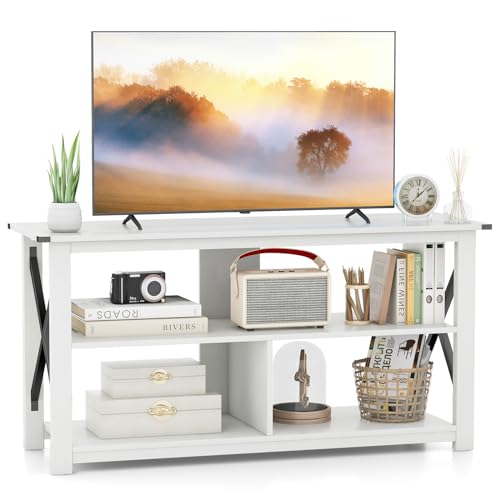 Tangkula Wood TV Stand with Open Shelves and X-shaped Frame, 3 Tier Entertainment Center for 55-Inch TV, Farmhouse TV Console Table, Open TV Stands for Living Room Bedroom (White) Tangkula