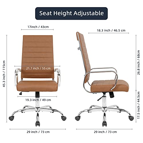 LANDSUN Home Office Chair High Back Executive Chair Ribbed Leather Computer Desk Chair with Armrests Soft Padded Adjustable Height Swivel Modern Conference Chrome Brown LANDSUN