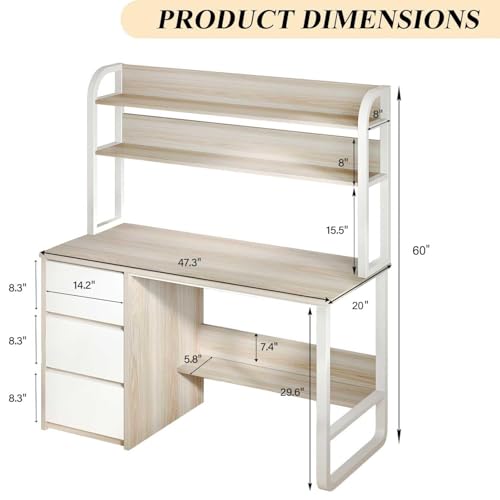 MaverickFurni 60 Inch Desk with Drawers, Computer Desk with Hutch for Bedroom, Study Writing Desk with Shelves for Small Spaces, Adjustable Feet (White and Walnut) MaverickFurni