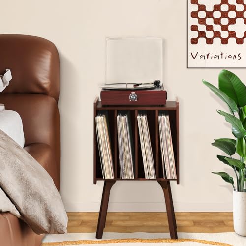 LELELINKY Small Record Player Stand - Width 11.7 in, Walnut Vinyl Record Storage Table with 4 Cabinet Up to 80 Albums, Vinyl Holder with Wood Legs,Turntable Stand Display Shelf for Bedroom Living Room LELELINKY