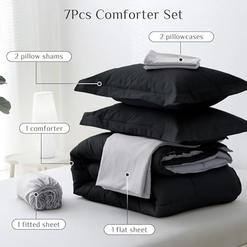 JOLLYVOGUE Queen Comforter Set, Ultra-Soft Bed in a Bag Queen Size 7 Pieces, Oeko-TEX Certified Bedding Set with Down Alternative Comforter, Sheets, Pillowcases & Shams, Black & Light Grey JOLLYVOGUE