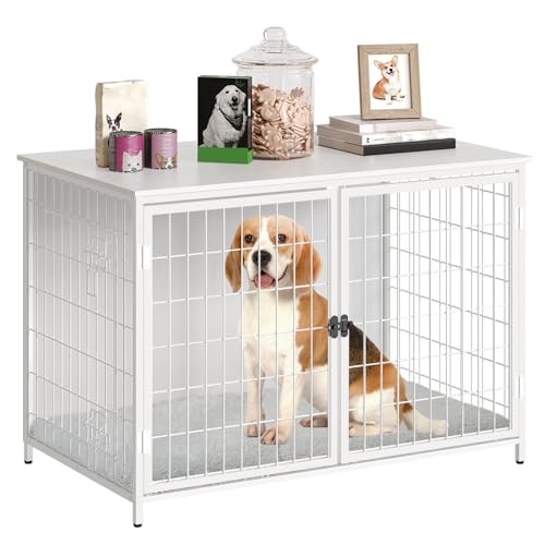 MAHANCRIS Dog Crate Furniture with Cushion, Wooden Dog Kennel with Double Doors, Heavy Duty Dog Cage for Small/Medium/Large Dogs, Indoor Dog House End Table, 39.4" L, White DCBW10701 MAHANCRIS