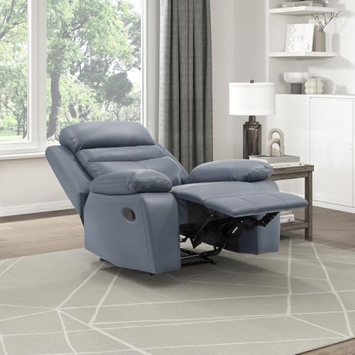 Lexicon 41" W Manual Reclining Chair, Top Grain Leather Match Recliner, Home Theater Seating, Wall Hugger Recliner, Manual Reclining Sofa Chair for Living Room/Office/Apartment, Blue