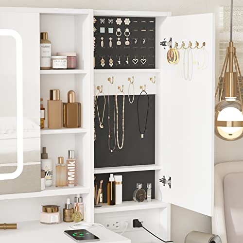 Vabches White Vanity Desk with Mirror and Lights, Vanity Table Makeup Vanity with Lights 3 Drawers and Cabinets, Charging Station & Sliding Door, Lots Storage Shelves Vabches