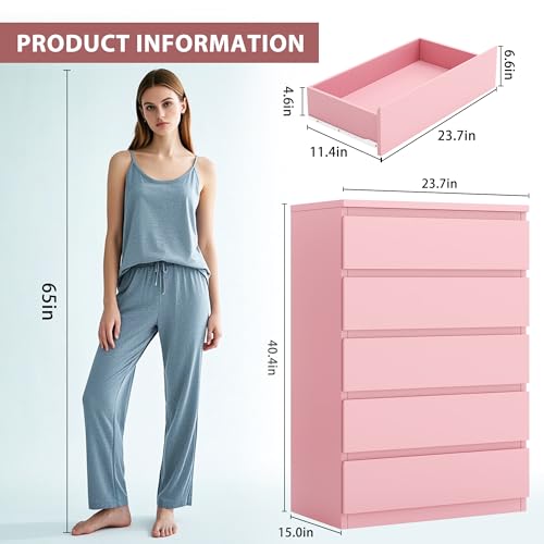 Jocoevol Pink 5 Drawer Dresser for Bedroom, 15" D x 23.7" W x 40.4" H in Simply Chest of Drawers, Wood Storage Dresser with Drawers for Living Room Hallway Entryway, Pink Jocoevol