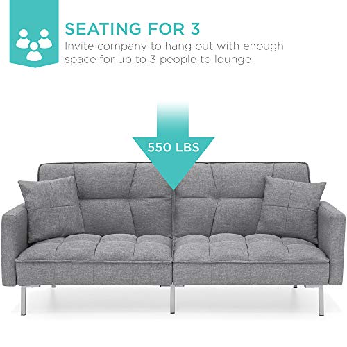 Best Choice Products Convertible Linen Fabric Tufted Split-Back Plush Futon Sofa Furniture for Living Room, Apartment, Bonus Room, Overnight Guests w/ 2 Pillows, Wood Frame, Metal Legs - Dark Gray Best Choice Products