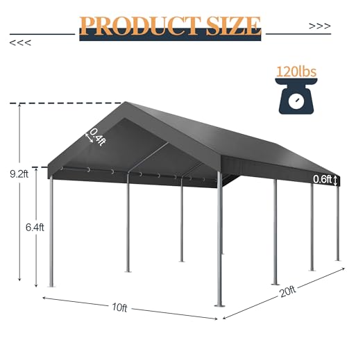 Shintenchi 10x20ft Heavy Duty Carport with UV Resistant Canopy, Powder-Coated Steel Frame, Easy to Assemble Portable Garage, Stable Carport for Car, Bike, Camp, Outdoor Storage (Grey) Shintenchi