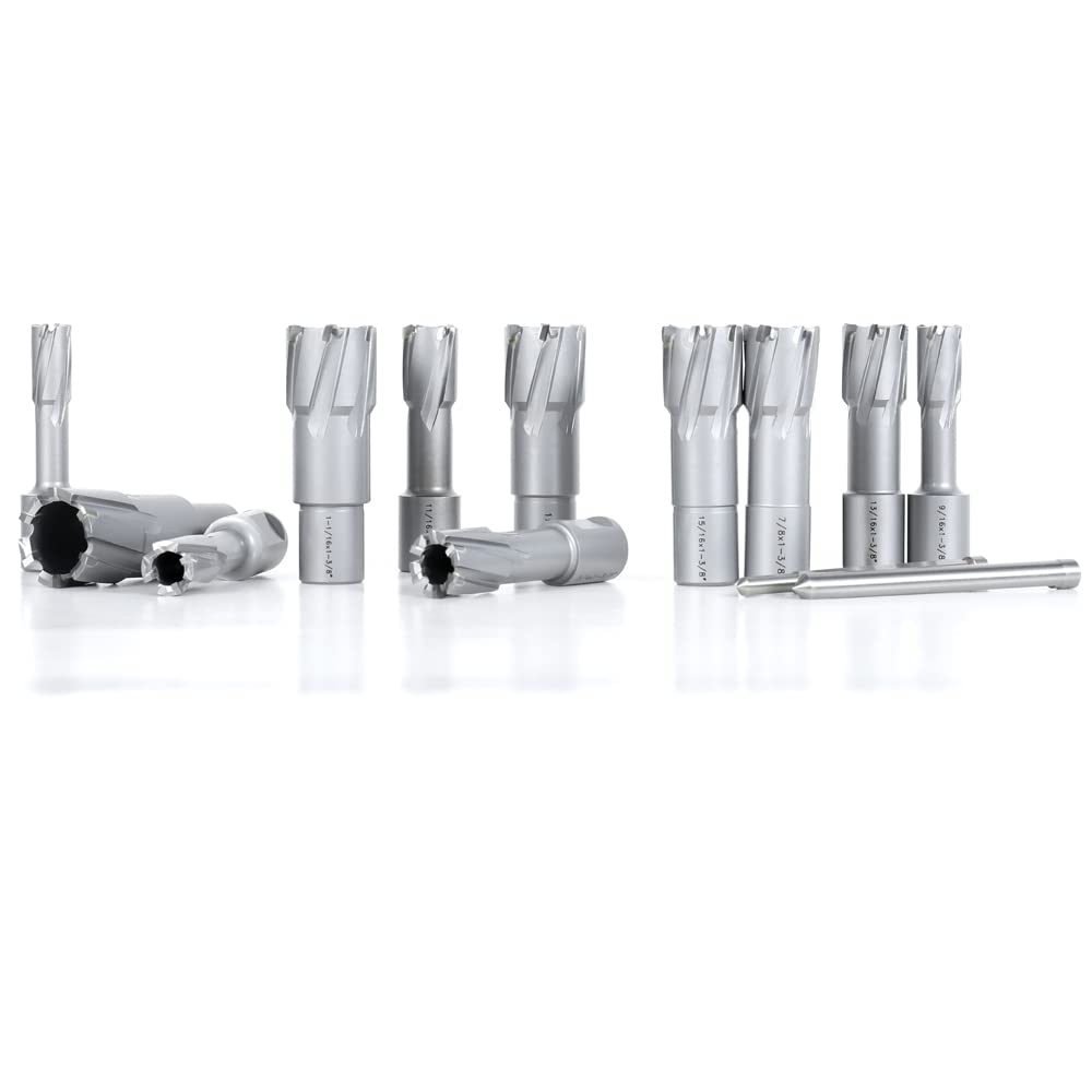 OSCARBIDE Carbide TCT Annular Cutter Set 13 pcs,3/4"Weldon Shank,1-3/8"Cutting Depth and 1/2 to 1-1/8 inch Cutting Diameter,TCT Mag Drill Bits for Magnetic Drill Press with Pilot Pins OSCARBIDE
