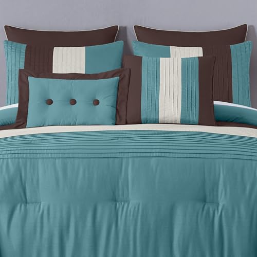 Chezmoi Collection Loft 8-Piece Luxury Striped Comforter Set (King, Blue/Beige/Chocolate Brown) Chezmoi Collection