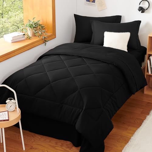 CozyLux Twin Comforter Set with Sheets Black - 5 Pieces Bed in a Bag Twin, All Season Bed Set for Girls and Boys, Bedding Set with Down Alternative Comforter, Sheets, Pillowcase & Sham CozyLux