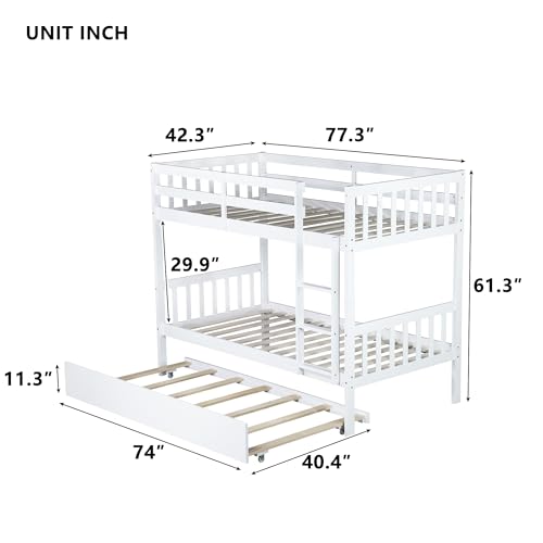Twin Over Twin Bunk Bed with Trundle, Convertible into Two Twin Platform Beds, Wood Bed Frame with Ladder & Safety Guardrails, Space-Saving Design for Kids & Guests, No Box Spring Needed (White) XEPAMU