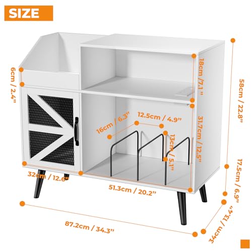 MULEJYBO Large White Record Player Stand with Magnetic Door,350 Vinyl Record Storage Cabinet, Record Player Table with Power Outlet & LED Light,Turntable Stand with Wood Legs for Living Room,Office MULEJYBO