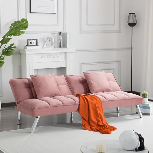 68" Modern Futon Sofa Bed,Convertible Sleeper Bed Couch with 4 Reclining Backrest with 2 Pillows,Comfy Velvet Cloud Sofa Loveseat for Living Room Bedroom Office (Rose Red) Jum Blueemo