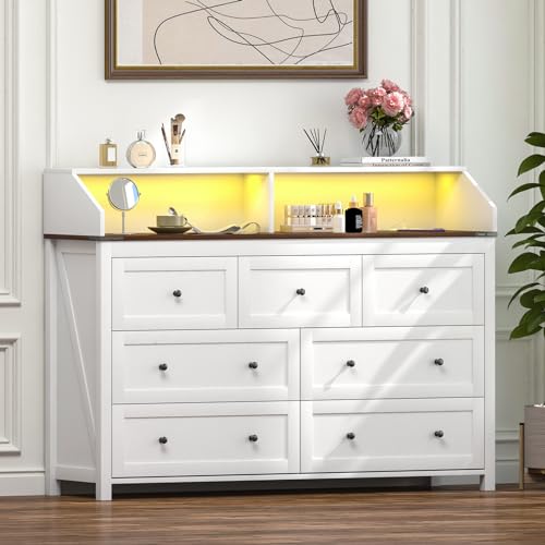 GlouMod LED Dresser with Charging Station, 7 Drawer Dresser for Bedroom, Chest of Drawers with LED Lights, Wood Dresser for Closet, Living Room, Hallway, Kids Room, Large White Dresser GlouMod