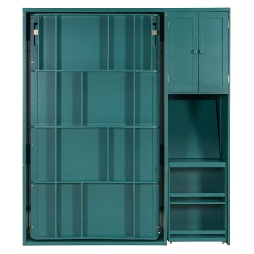 KALALLA Twin Size Rotating Wall Murphy Bed with Bookshelf, Top Cabinet, Horizontal Murphy Bed Frame with Extendable Desk & Side Storage, Space Saving, Boys Girls Kids Adults, Teal KALALLA