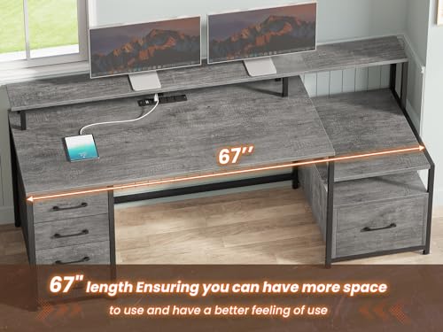 SEDETA Home Office Desk with File Drawer & Power Outlet, 66'' Computer Desk with 5 Drawer, Storage Shelves, Printer Cabinet and Monitor Shelf, Gaming Desk with Led Lights, Grey SEDETA