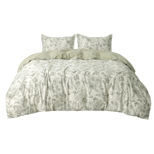 Bedsure Duvet Cover Queen Size - 100% Cotton Reversible Floral Queen Duvet Cover Set with Zipper Closure, 3 Pieces Soft & Breathable Botanical Green Bedding Set with 2 Pillow Shams 20"x26" Bedsure