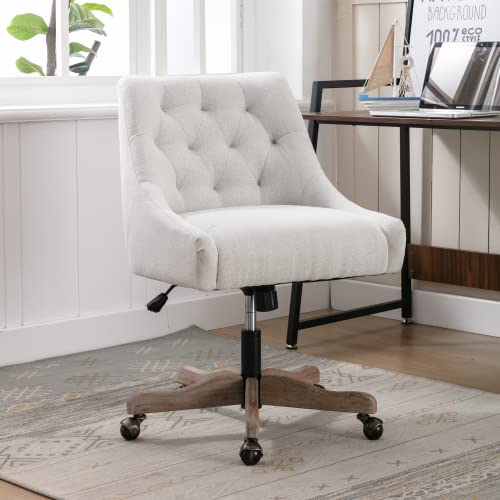 Swivel Home Office Chair, Modern Fabric Upholstered Tufted Accent Computer Desk Chair with Ergonomic Wide Backrest and Wooden Legs, Height Adjustable Swivel Vanity Chair for Office, Beige Zaboro