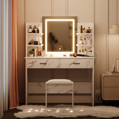 GAOMON Makeup Vanity Desk with Lights and Mirror, Vanity Table with 3 Lighting Modes, Storage Drawer, Shelves, Charging Station and Included Stool for Bedroom, Marble White GAOMON