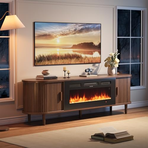 OneBlis 70" Mid Century Modern TV Stand with Fireplace, Fluted Fireplace TV Stand, Entertainment Center with Sliding Door, TV Console with Solid Wood Legs for Living Room, Walnut OneBlis
