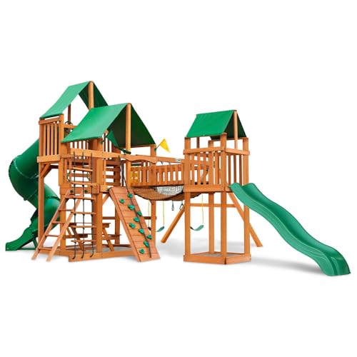 Gorilla Playsets 01-1021-AP-1 Treasure Trove I Wood Swing Set with Green Vinyl Canopy, 2 Slides, and Clatter Bridge Gorilla Playsets