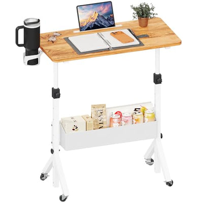ErGear Mobile Standing Desk with Wheels, Adjustable Height 28.3″ to 46.3″, Rolling Laptop Cart with Cup Holder, Storage Basket, Computer & Pen Slot, Home Office Stand Up Desk, Light Vintage Brown