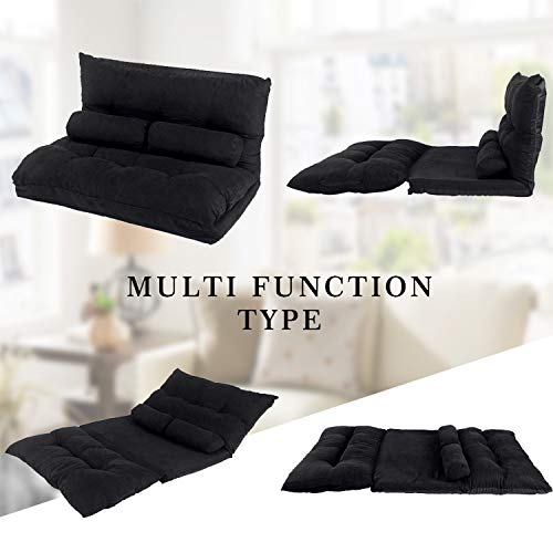 Flieks Floor Sofa Bed Adjustable 5-Position Reclining Futon Sofa Bed Foldable Lazy Sofa with 2 Pillows for Kids, Black Flieks