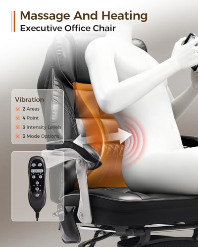 600LBS Big and Tall Office Chair with Massage and Heat, 23.5" Wide Leather Office Chair with Back Support, Ergonomic Comfort 140° Reclining Desk Chairs Managerial Chairs for Heavy People smartue