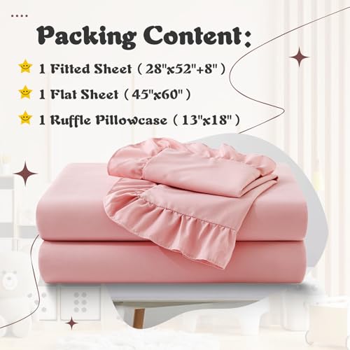 KKJIAF 3 Piece Toddler Sheet Set Microfiber, Includes a Flat Sheet, a Fitted Sheet and a Ruffle Pillowcase, Light Pink KKJIAF