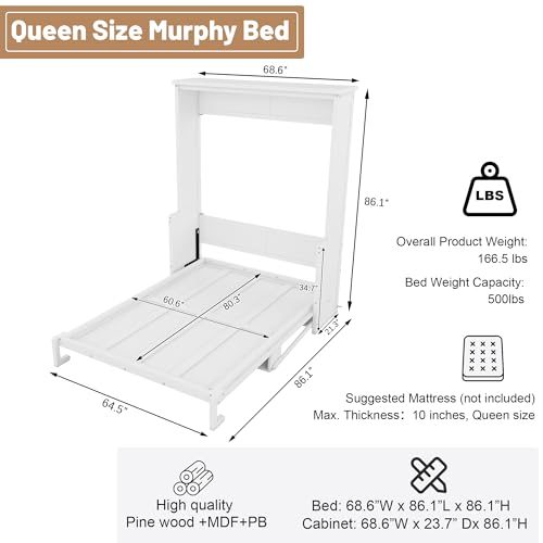 MoproBeti Wood Murphy Bed Queen Size, Space-Saving Hidden Foldable Wall Bed with Storage Shelf and Gas Struts for Bedroom,Guest Room,Home Office, Gym,No Box Spring Needed, White MoproBeti