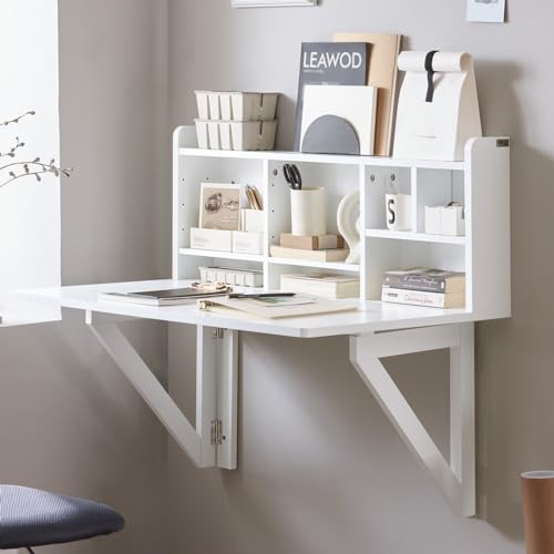 Haotian Wall Mounted Folding Table Drop-Leaf Floating Trestle Desk Computer Writing Workstation with Storage Compartments, White FWT07-II-W Haotian