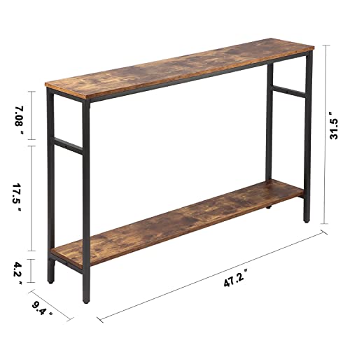 Timberer Rustic Brown Narrow Console Table with Adjustable Shelf - 47 Inch Multifunctional 2-Tier Hallway & Living Room Table Timberer