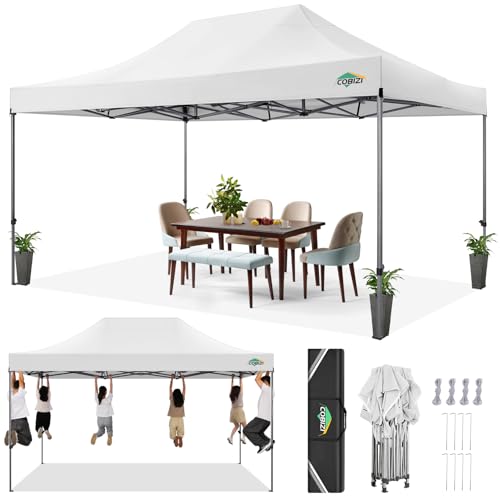 COBIZI 10x15 Heavy Duty Pop up Canopy Tent Easy Up Commercial Outdoor Canopy Wedding Party Tents for Parties All Season Wind & Waterproof Gazebo with Carry Bag, White(Frame Thickened) COBIZI
