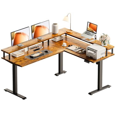 AODK Electric L Shaped Standing Desk, 59 Inch Height Adjustable Stand Up Desk with Power Outlets & Full Monitor Stand, Reversible Corner Desk for Home Office & Computer Workstation, Rustic Brown