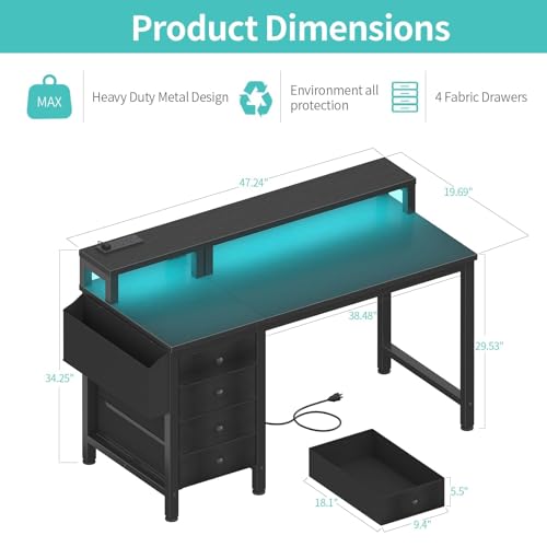 Lufeiya Gaming Desk with LED Lights and Power Outlets, 47 inch Computer Desk with Fabric Drawers, Reversible Home Office Desk with Monitor Stand, Black Lufeiya