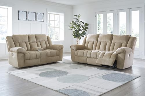 Signature Design by Ashley Tip-Off Classic Wall Hugger Power Reclining Sofa with Adjustable Headrest and USB Ports, Light Brown Signature Design by Ashley