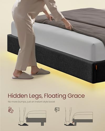 VASAGLE Full Size Floating Bed Frame with LED Lights, Upholstered Full Bed Frame with Charging Station, Tufted Storage Headboard, Noise-Free, No Box Spring Needed, Dark Gray URMB852G71V1 VASAGLE