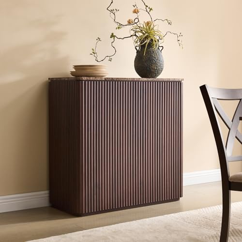 Fluted 2 Doors Sideboard Cabinet with Storage, 34" Wooden Credenza with Shelves, Faux Marble-Top Coffee Bar Console Table, Modern Buffet Cabinet for Dining, Kitchen, Living Room, Entryway, Dark Oak DelArk