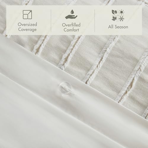 Madison Park Queen Comforter Set Clipped Jacquard Stripes with Buttons Boho Comforter for a Queen-Size Bed, Cotton Oversized Comforters with Removable Cover Boho Bedding, Queen Ivory 8 Piece Madison Park