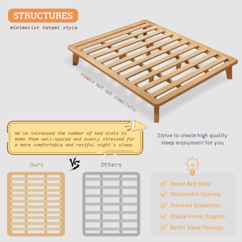 NELYE Full Platform Bed Base - 14 Inch Solid Wood Mattress Foundation with Support Slats and Legs, Full-Size Rubberwood Simple Bed Frame NELYE