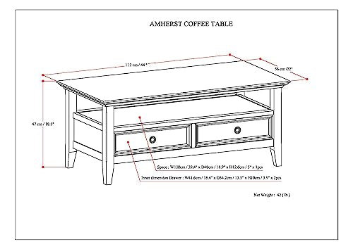 SIMPLIHOME Amherst SOLID WOOD 44 inch Wide Rectangle Coffee Table in Hickory Brown for the Living Room and Family Room SIMPLIHOME