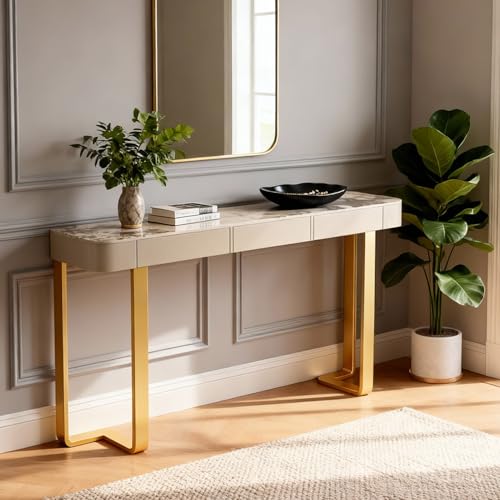 MISXEOE Modern Console Table with Storage Drawers Stone Slab Top, Rectangle Narrow Sofa Table Behind Couch Entryway Cabinet for Living Room, Hallway, Foyer(Gold,39.3"x13.7"x33.4") MISXEOE