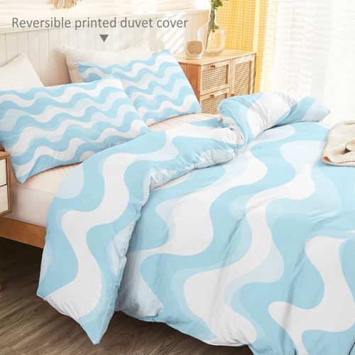 Single 61" x 79" Bedding Duvet Cover Set - Blue Minimalist Modern Wavy Printed 3 Piece Brushed Microfiber Comforter Quilt Cover with Zipper Closure for Men and Women Generic