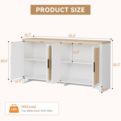 GarveeHome 4-Door Sideboard Buffet Cabinet, Natural Rattan Storage Cabinet, Boho Entryway Console Table, Coffee Bar Station for Dinning Room, Living Room, Kitchen, White GarveeHome