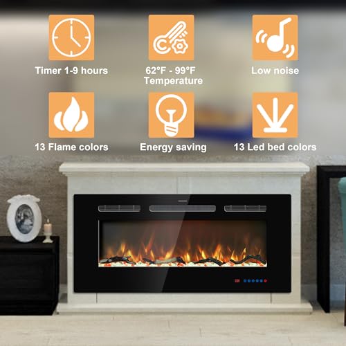 Kentsky 30 inches Electric Fireplace Inserts, Recessed and Wall Mounted Fireplace Heater, Linear Fireplace w/Thermostat, Remote & Touch Screen, Multicolor Flame, Timer, Logs & Crystal, 750W/1500W Kentsky