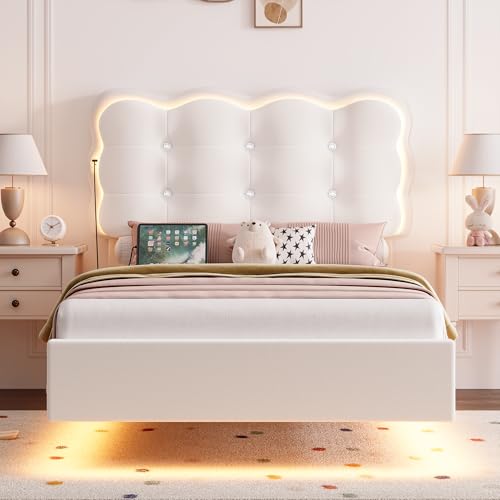 HIFIT 2 Set Upholstered Twin Size LED Bed Frame with Charging Station, Adjustable Crystal-Tufted Puffs Headboard, Velvet Girls Floating Twin Platform Bed Frames for Kids with Under Bed Lights, Beige HIFIT