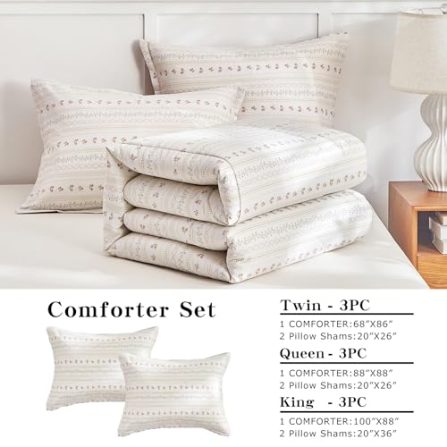 Joyreap 3pcs Floral Cotton Comforter Set for Girls, Pink Flower Stripes Boho Design, Twin Size Soft n Cozy Bedding Comforter Set for All Season- 68x88 inches Joyreap