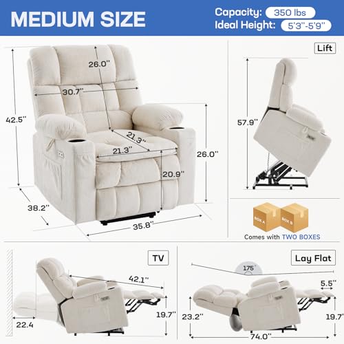 Tami Tami Dual Motor Power Lift Chair Recliner for Elderly with Massage and Heat, Infinite Position Electric Lift Recliner with Adjustable Headrest, USB (T6015 - Plush Fabric, Cream White, Medium)